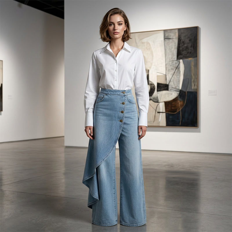 👖 50% RABATT NU! ✨ Asymmetrisk Wrap Denim Kjolbyxor – Högmidjad, Vida Ben & Dekorativ Knäppningsplåt 🌟
