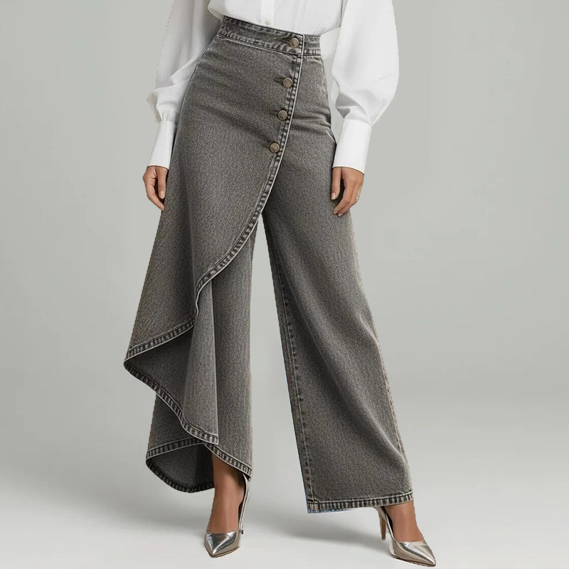 👖 50% RABATT NU! ✨ Asymmetrisk Wrap Denim Kjolbyxor – Högmidjad, Vida Ben & Dekorativ Knäppningsplåt 🌟