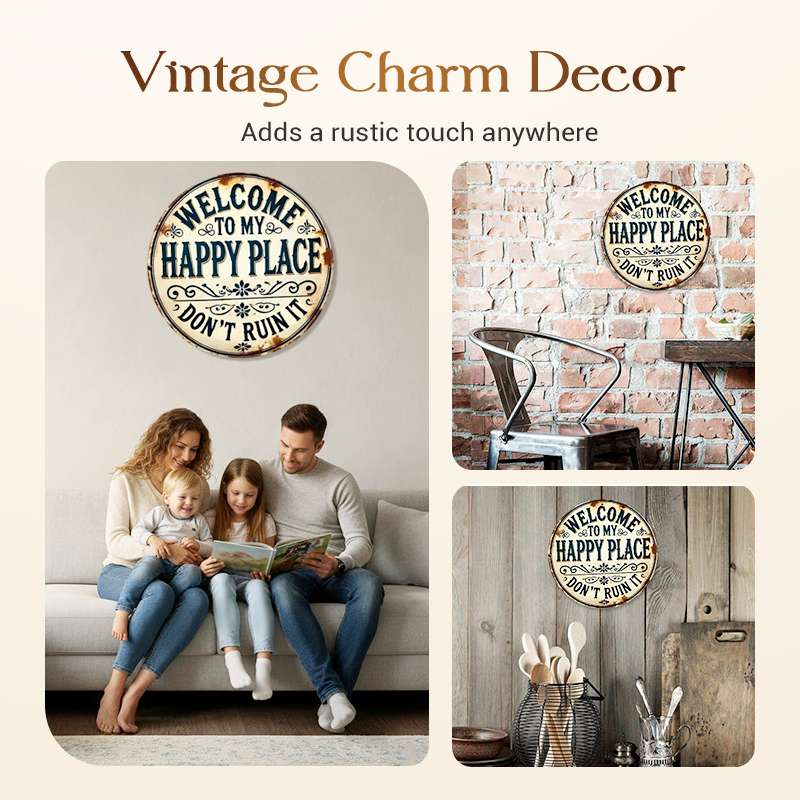 🖼️ 50 % RABATT JUST NU! ⚡ Vintage-skylt i metall med texten ”Happy Place” – rustik inredning, slitstark metall och färdig att hängas upp 🏡