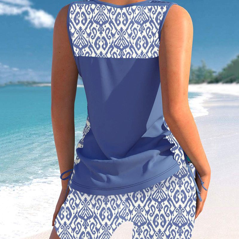 🏊‍♀️ 50% RABATT NU! 👙 Kvinnors Tryckt Tvådelad Tankini Baddräkt – Justerbar Rynkade Sidor, Full Täckning & Stilig Korsad Halsringning ✨