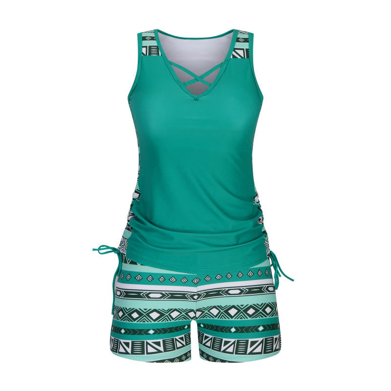 🏊‍♀️ 50% RABATT NU! 👙 Kvinnors Tryckt Tvådelad Tankini Baddräkt – Justerbar Rynkade Sidor, Full Täckning & Stilig Korsad Halsringning ✨