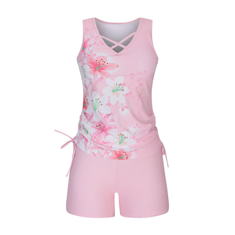 🏊‍♀️ 50% RABATT NU! 👙 Kvinnors Tryckt Tvådelad Tankini Baddräkt – Justerbar Rynkade Sidor, Full Täckning & Stilig Korsad Halsringning ✨