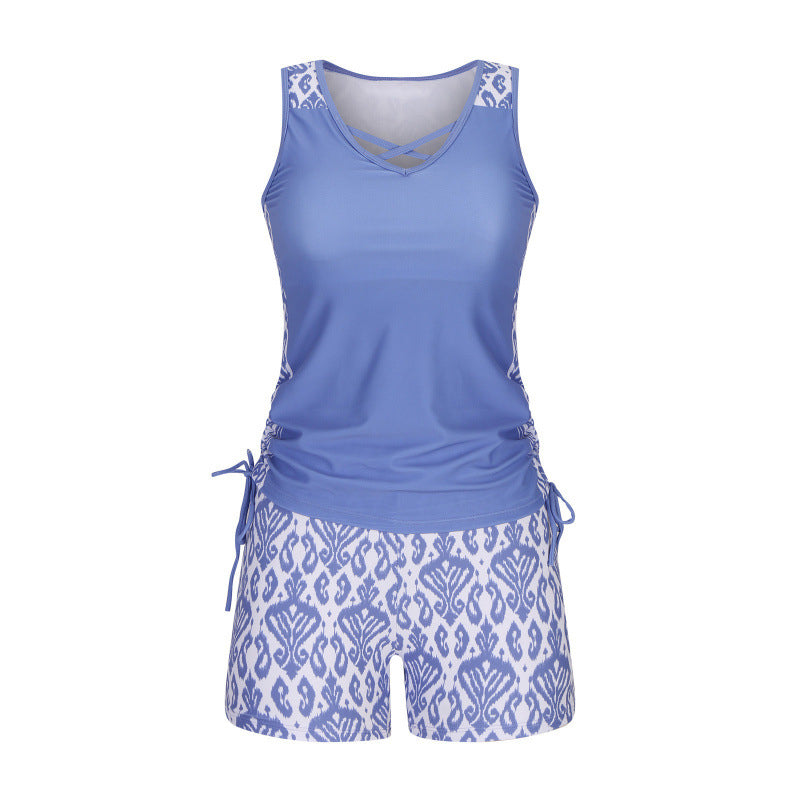 🏊‍♀️ 50% RABATT NU! 👙 Kvinnors Tryckt Tvådelad Tankini Baddräkt – Justerbar Rynkade Sidor, Full Täckning & Stilig Korsad Halsringning ✨