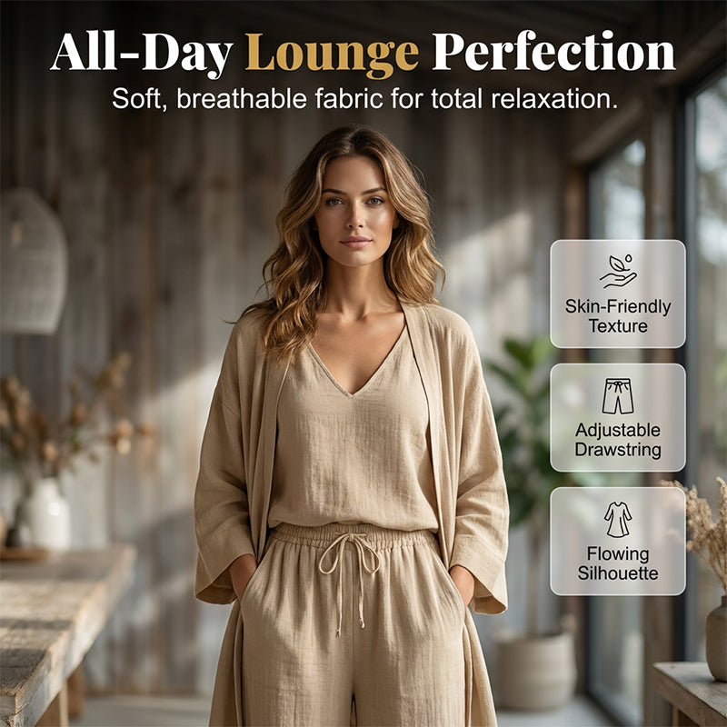 Elegant 3-delat set för dam – kofta, topp & vida byxor i mjuk vävd blandning 👗✨