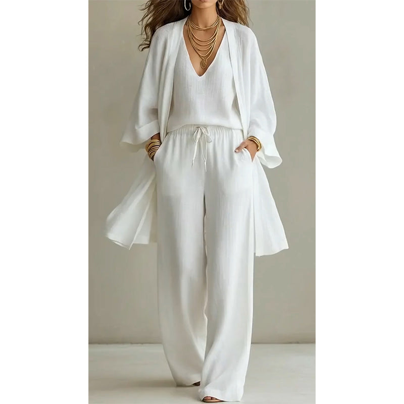 Elegant 3-delat set för dam – kofta, topp & vida byxor i mjuk vävd blandning 👗✨