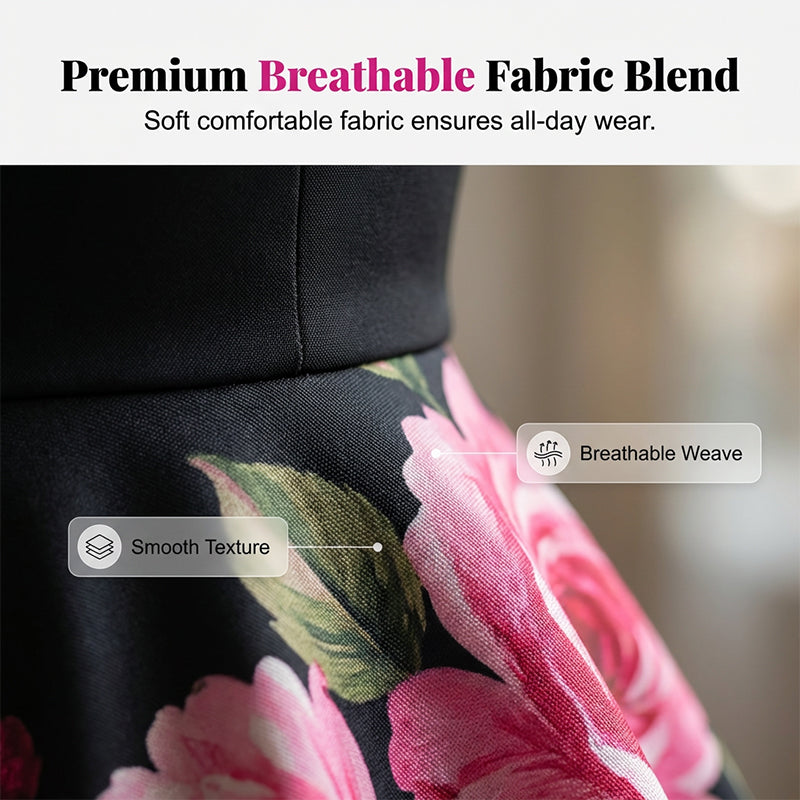Elegant, ärmlös midiklänning i A-linje med blommönster