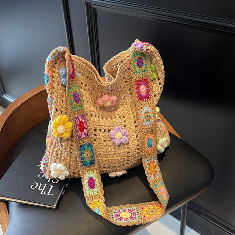 📢📢 50% RABATT!! ⏰ Dam virkad etnisk axelväska – blomsterdetaljer, rymlig & mångsidiga bäralternativ 👜🌸