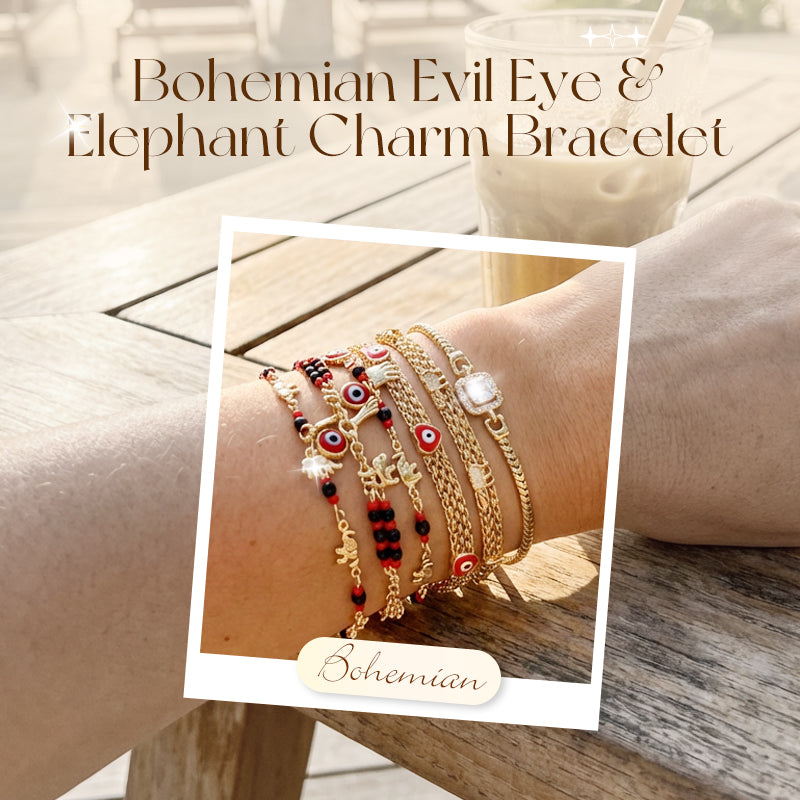 📿 50% RABATT NU! 🐘 Bohemian Ont Öga Armband – Elefant & Hamsa Berlocker – Guldfärgad & Justerbar ✨