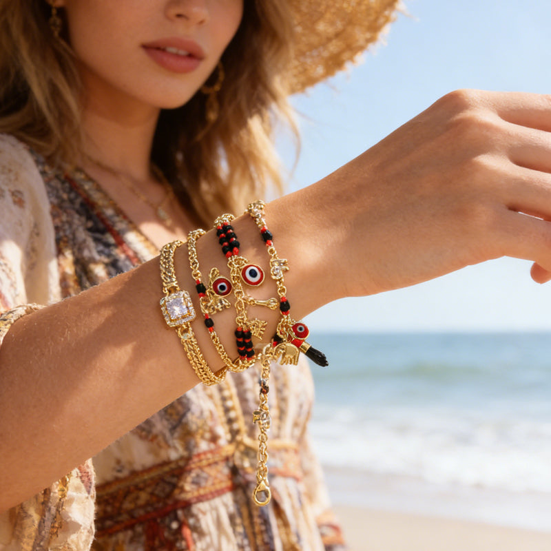 📿 50% RABATT NU! 🐘 Bohemian Ont Öga Armband – Elefant & Hamsa Berlocker – Guldfärgad & Justerbar ✨