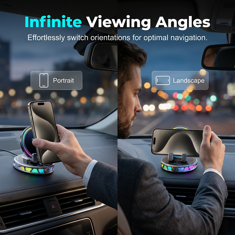 RGB Bilhållare med Trådlös Laddning – Intelligent Autoklämning, 15W Snabbladdning & 360° Rotation