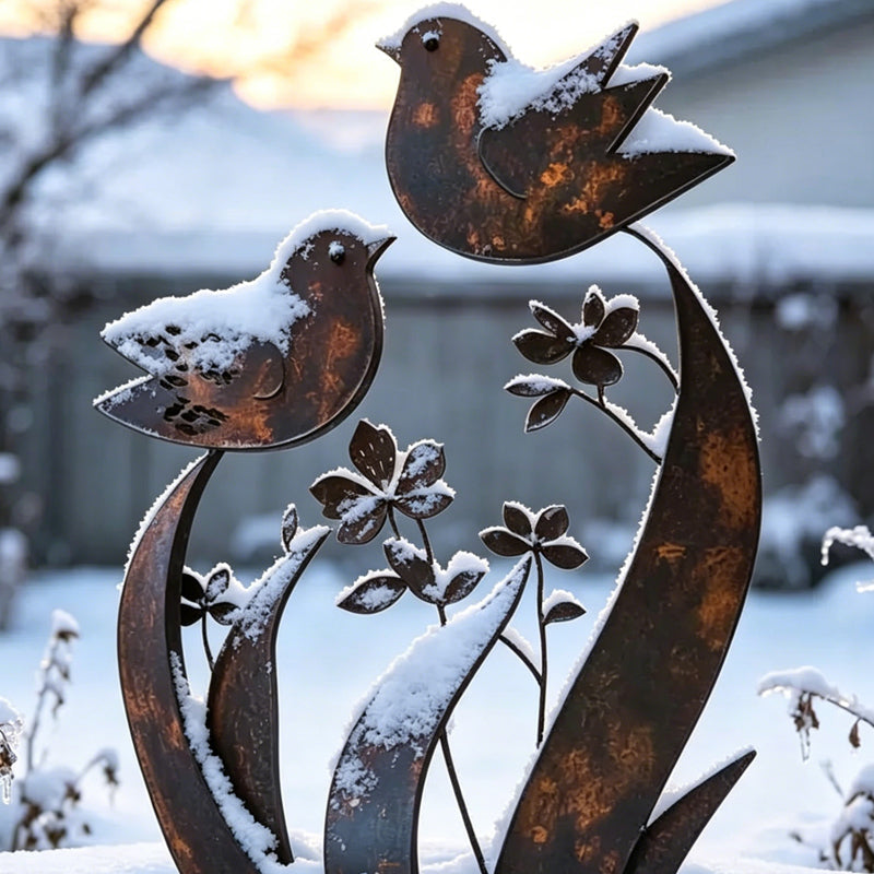 🏡 Rustik trädgårdspiket i metall – Mönster: Fåglar och blommor 🕊️