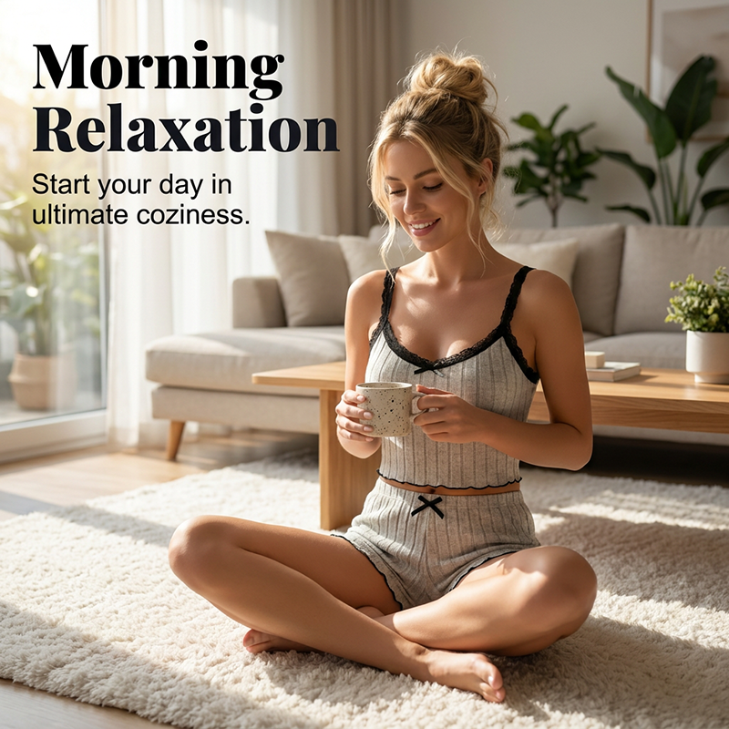 🛌 50% RABATT NU!🌸 Ribbad Pyjamas Set – Cami & Shorts med Spets Kanten – Mjuk Stickad Nattkläder – Mysigt Loungewear för Kvinnor 💤