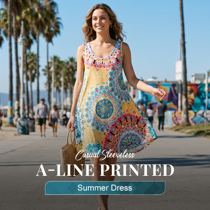 👗 50% RABATT NU!🌴 Avslappnad Ärmlös A-linje Sommarklänning – Lätt & Casual Tryck – Strand & Picknick Essential 🍹