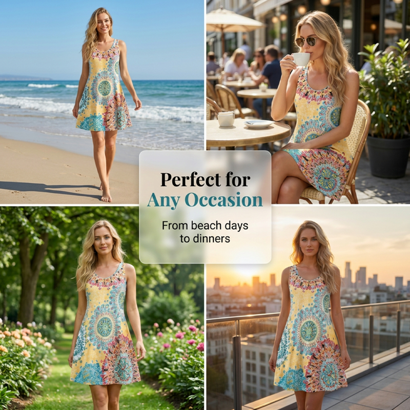 👗 50% RABATT NU!🌴 Avslappnad Ärmlös A-linje Sommarklänning – Lätt & Casual Tryck – Strand & Picknick Essential 🍹