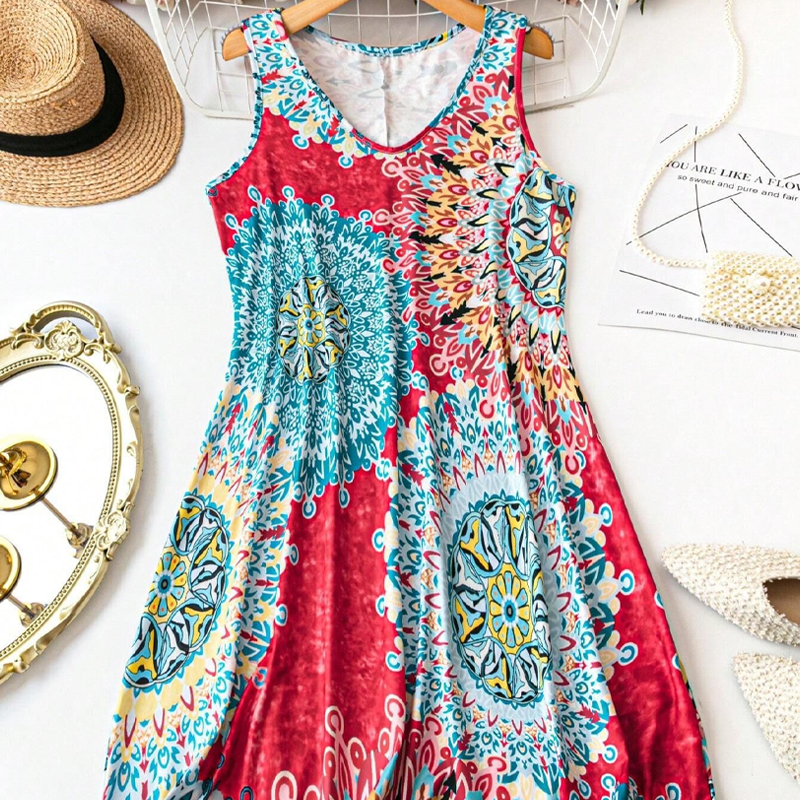 👗 50% RABATT NU!🌴 Avslappnad Ärmlös A-linje Sommarklänning – Lätt & Casual Tryck – Strand & Picknick Essential 🍹