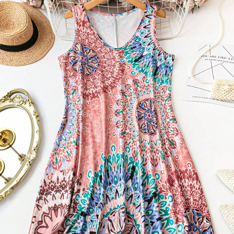 👗 50% RABATT NU!🌴 Avslappnad Ärmlös A-linje Sommarklänning – Lätt & Casual Tryck – Strand & Picknick Essential 🍹