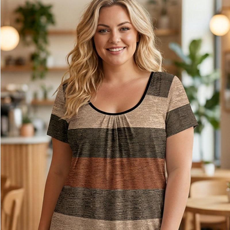 👕 BEGRÄNSAD TID: 50 % RABATT! ✨ Plisserad T-shirt för damer i stora storlekar – ledig passform, färgblock, elegant 💜