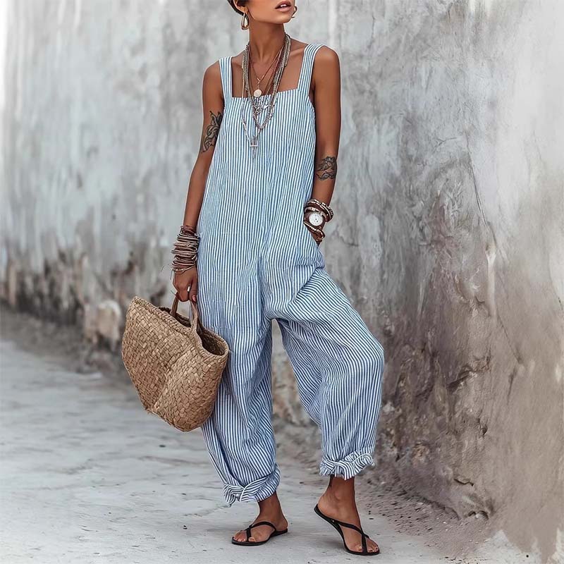 👗 50% RABATT NU!✨ Dam Casual Randig Jumpsuit – Andningsbar, Lös Passform & Spaghetti Band – Sommar Essential ☀️