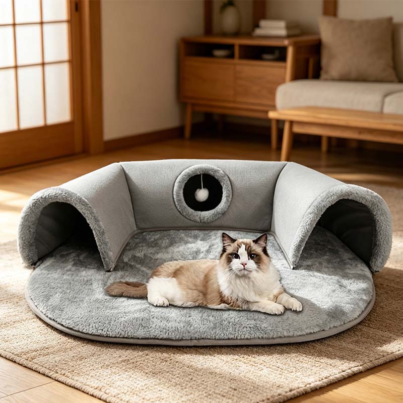 🐱 50% RABATT! 🛏️ Plysch 2-i-1 kattunnelsäng – Hopfällbar, reptålig & mysig – Kombinerar gömtunnel med mjuk sovmatta – perfekt för lek, vila & lurpassning 🐾