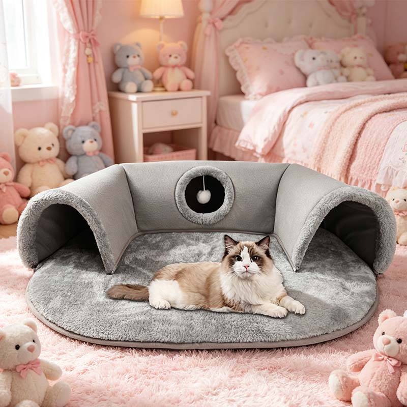 🐱 50% RABATT! 🛏️ Plysch 2-i-1 kattunnelsäng – Hopfällbar, reptålig & mysig – Kombinerar gömtunnel med mjuk sovmatta – perfekt för lek, vila & lurpassning 🐾