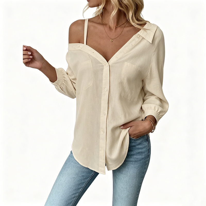 👚 50% RABATT NU! ✨ Kvinnors Off-Shoulder Knäppskjorta – Asymmetrisk, Skrynkeltyg & Lång Ärm – Luftigt, Avslappnat & Chic 💫