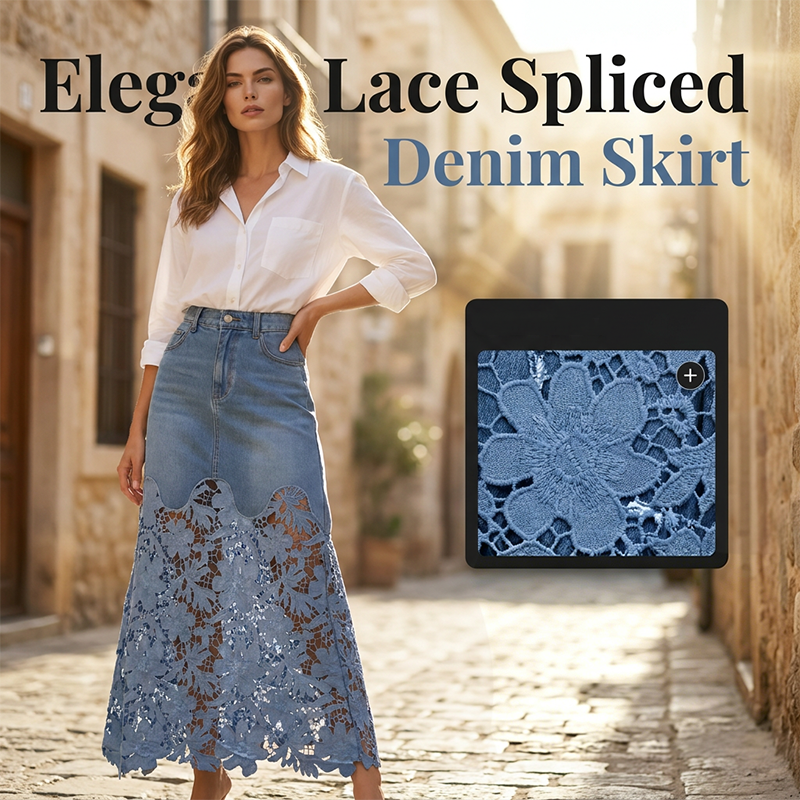 🔥 50% RABATT på utvalda produkter👗✨ Elegant spets-spliced denim maxikjol med fickor