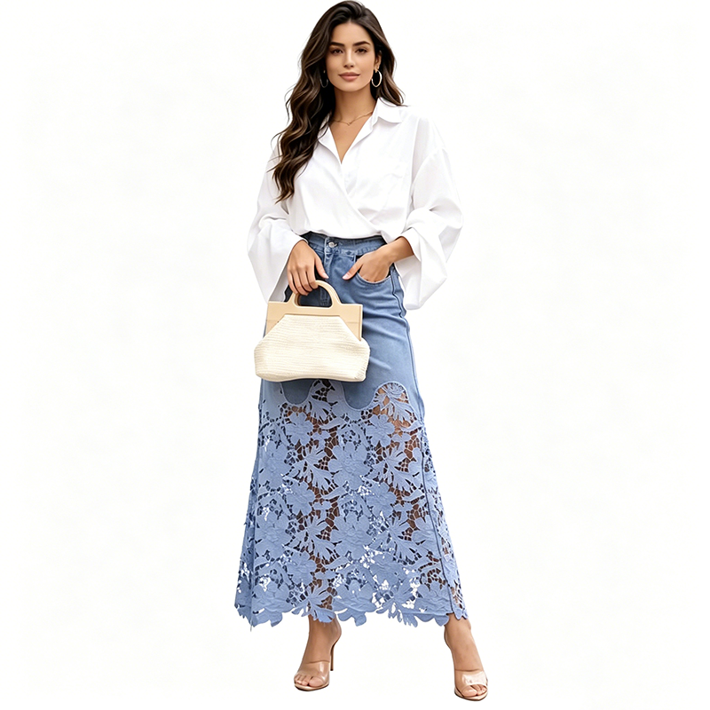 🔥 50% RABATT på utvalda produkter👗✨ Elegant spets-spliced denim maxikjol med fickor