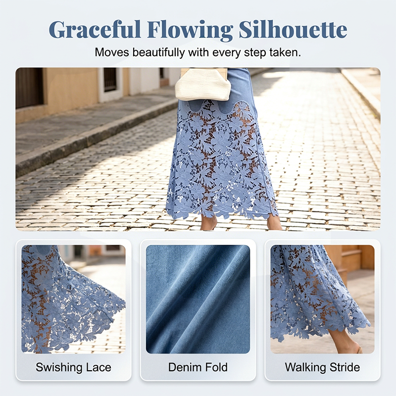 🔥 50% RABATT på utvalda produkter👗✨ Elegant spets-spliced denim maxikjol med fickor