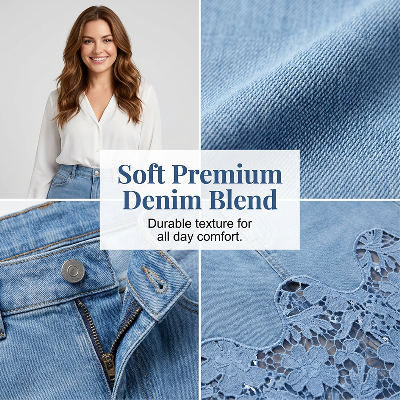 🔥 50% RABATT på utvalda produkter👗✨ Elegant spets-spliced denim maxikjol med fickor