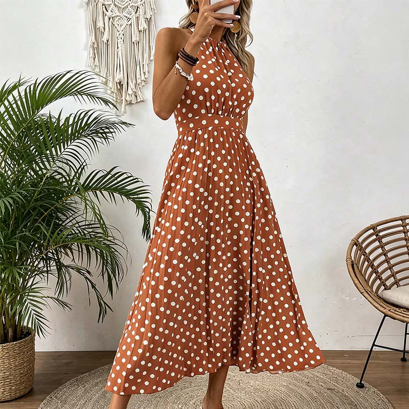 👗 60% RABATT! ⏳ Halterklänning med prickar för dam – Flödande & ledig passform – Perfekt för sommar, strand eller lata dagar – romantisk stil med retrokänsla 🌸
