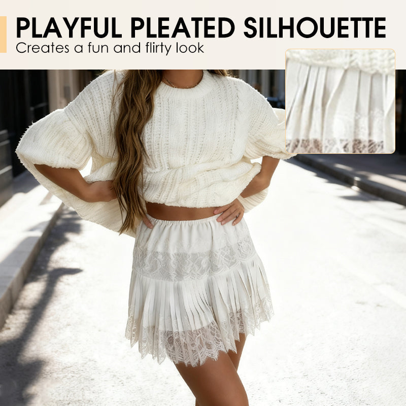 🎀Chic plisserad minikjol med spetskant – hög midja, lekfulla veck & romantisk elegans 👗🕊️