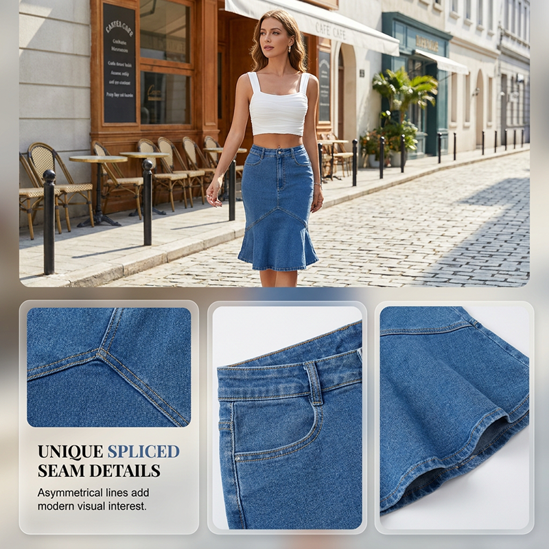 👗👖 Elegant högmidjad denimkjol med fiskstjärtfåll