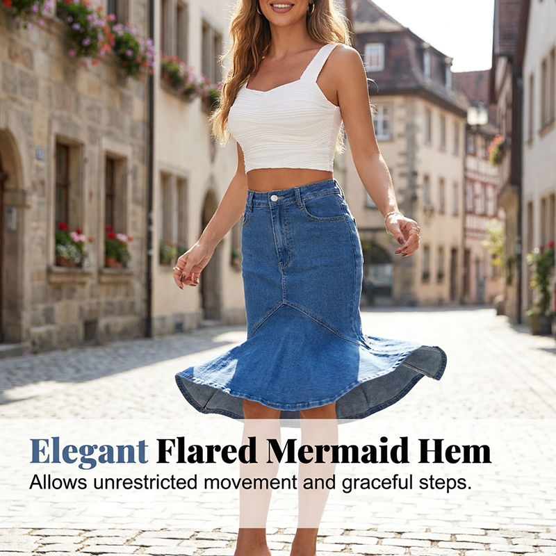 👗👖 Elegant högmidjad denimkjol med fiskstjärtfåll