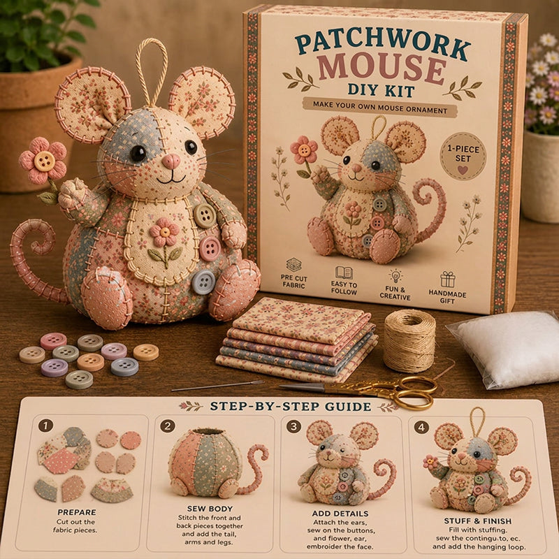 🧵 50% RABATT NU! 🐭 Vintage Lapptäcksmus DIY-kit – Allt Ingår, Steg-för-steg-guide & Charmig 3D-design – Avkopplande Hantverk & Perfekt Present 🎁