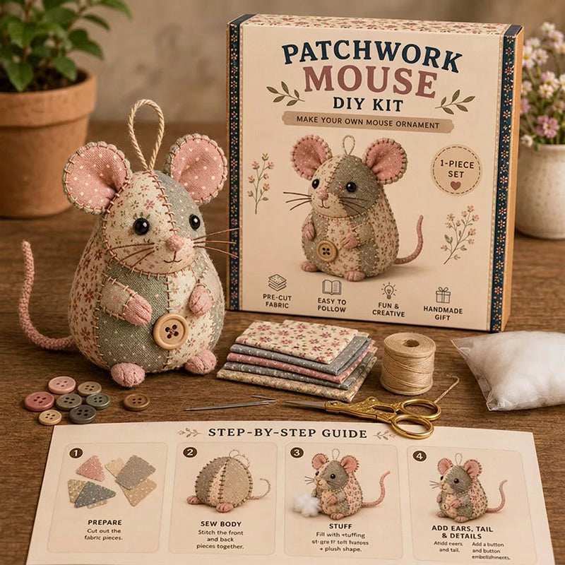 🧵 50% RABATT NU! 🐭 Vintage Lapptäcksmus DIY-kit – Allt Ingår, Steg-för-steg-guide & Charmig 3D-design – Avkopplande Hantverk & Perfekt Present 🎁