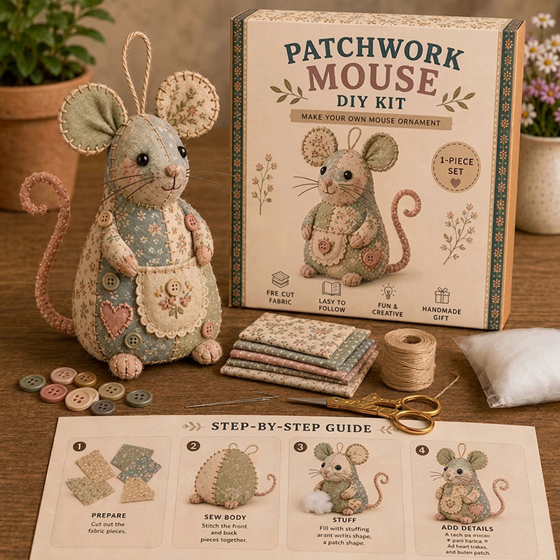 🧵 50% RABATT NU! 🐭 Vintage Lapptäcksmus DIY-kit – Allt Ingår, Steg-för-steg-guide & Charmig 3D-design – Avkopplande Hantverk & Perfekt Present 🎁