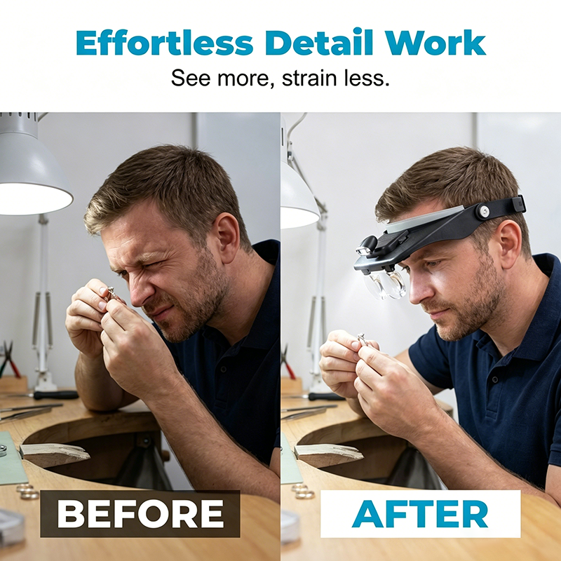 🔍 50% RABATT NU! 💡 LED-Förstoringsglas med Pannband och 4 Linser – 1,2X–3,5X Förstoring, Justerbar & Handsfri – Perfekt för Elektronik, Smyckestillverkning, Läsning & Precisionsarbete 🛠️