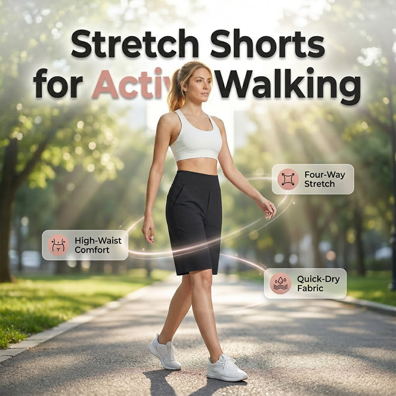 🩳 BEGRÄNSAD TID: 50 % RABATT! ✨ Stretchiga promenadshorts för dam – 4-vägsstretch, hög midja, knälånga 🚶‍♀️