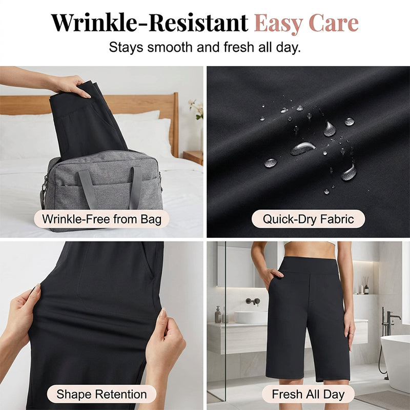 🩳 BEGRÄNSAD TID: 50 % RABATT! ✨ Stretchiga promenadshorts för dam – 4-vägsstretch, hög midja, knälånga 🚶‍♀️