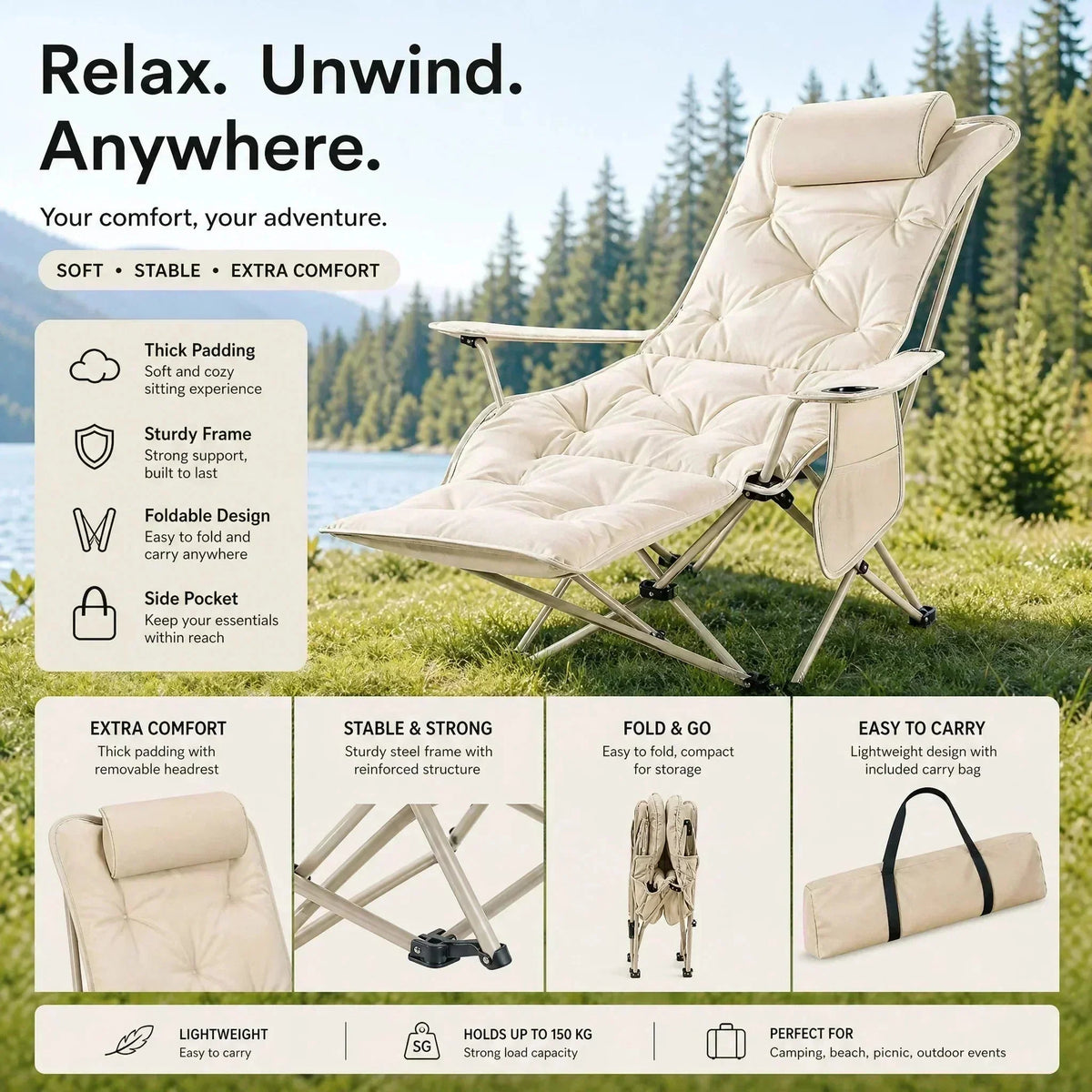 🏕️ Bärbar justerbar hopfällbar stol för utomhusbruk – lätt, stabil & mångsidig – perfekt för trädgård, camping, strand eller terrass ✨🌿