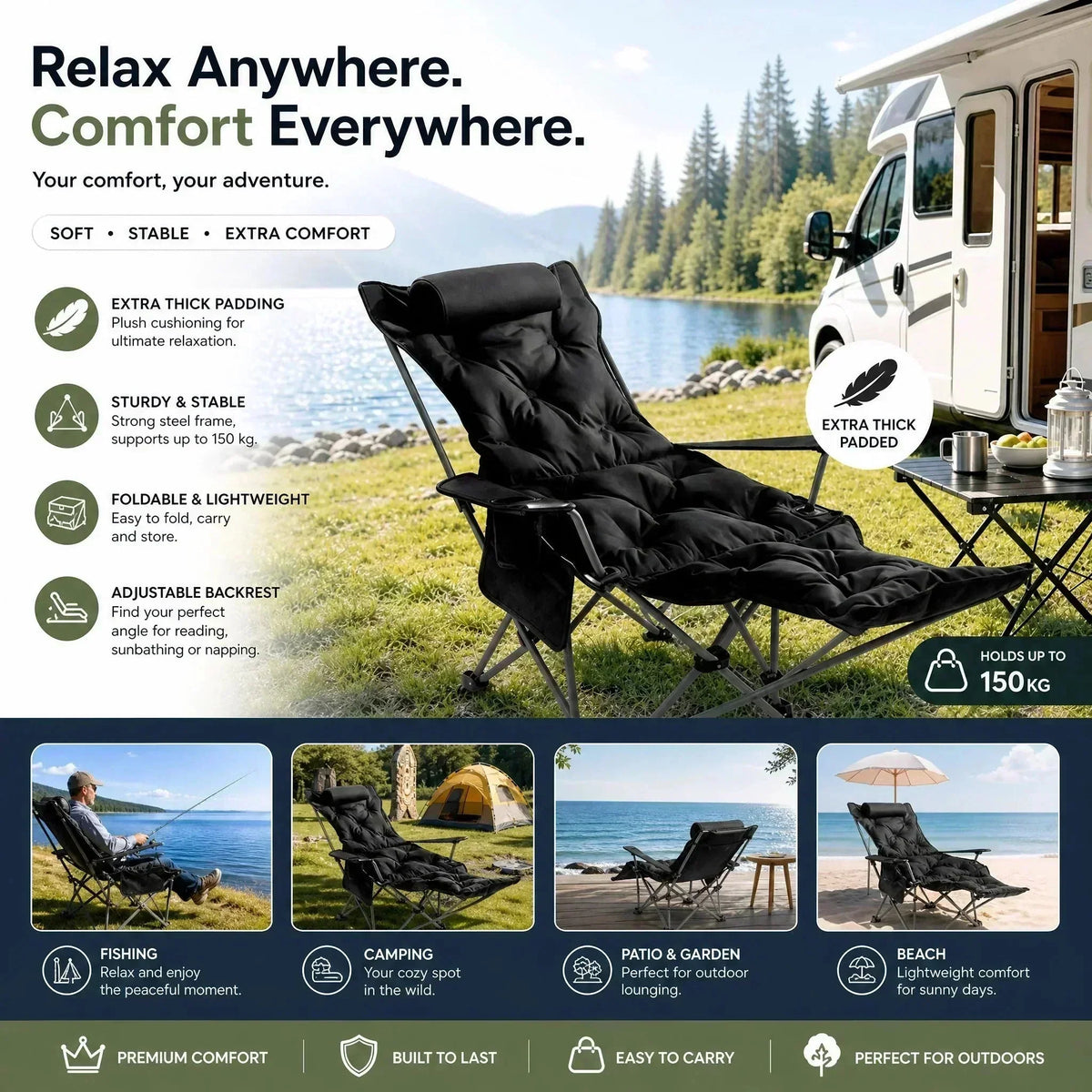 🏕️ Bärbar justerbar hopfällbar stol för utomhusbruk – lätt, stabil & mångsidig – perfekt för trädgård, camping, strand eller terrass ✨🌿