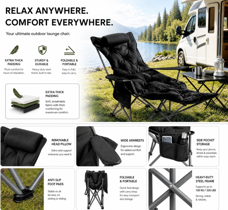 🏕️ Bärbar justerbar hopfällbar stol för utomhusbruk – lätt, stabil & mångsidig – perfekt för trädgård, camping, strand eller terrass ✨🌿