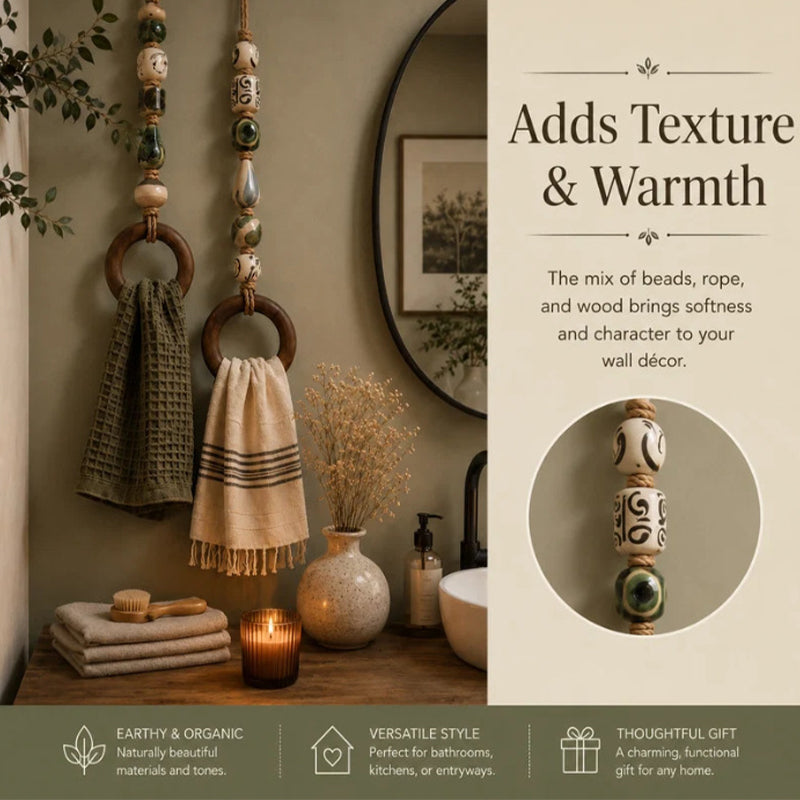 🧺 50 % RABATT NU! 🌿 Dekorativ handdukshängare med pärlor och träring – naturlig bohemisk charm ✨