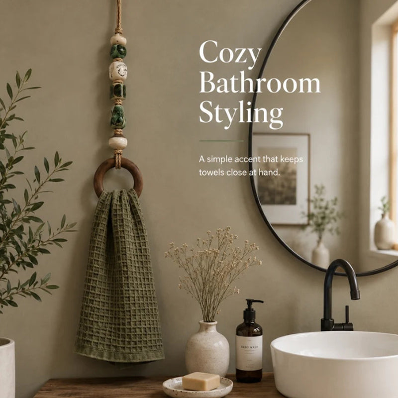 🧺 50 % RABATT NU! 🌿 Dekorativ handdukshängare med pärlor och träring – naturlig bohemisk charm ✨