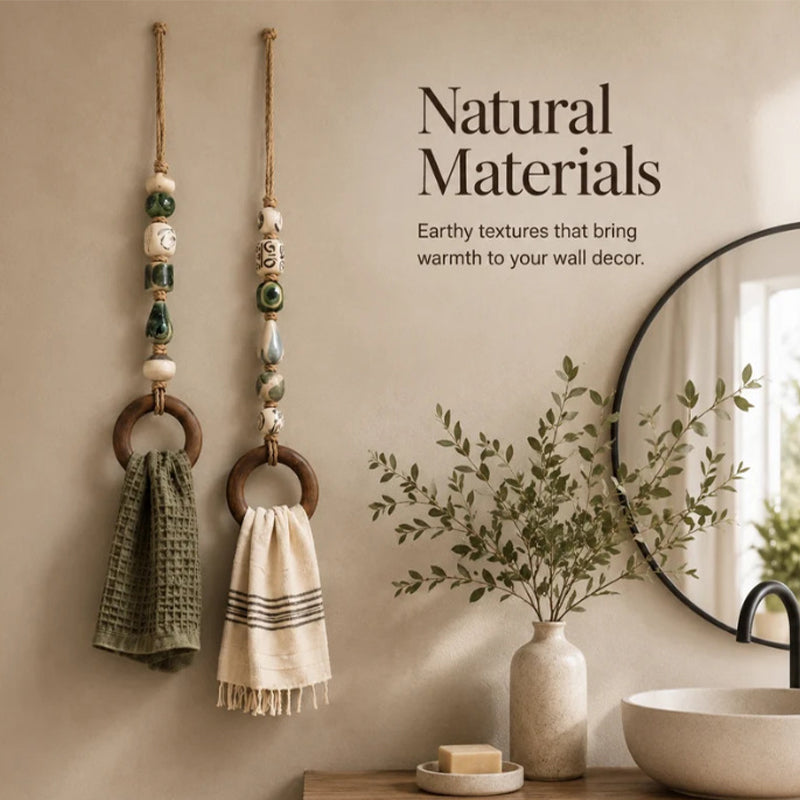 🧺 50 % RABATT NU! 🌿 Dekorativ handdukshängare med pärlor och träring – naturlig bohemisk charm ✨