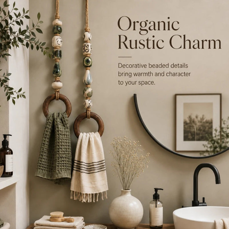 🧺 50 % RABATT NU! 🌿 Dekorativ handdukshängare med pärlor och träring – naturlig bohemisk charm ✨