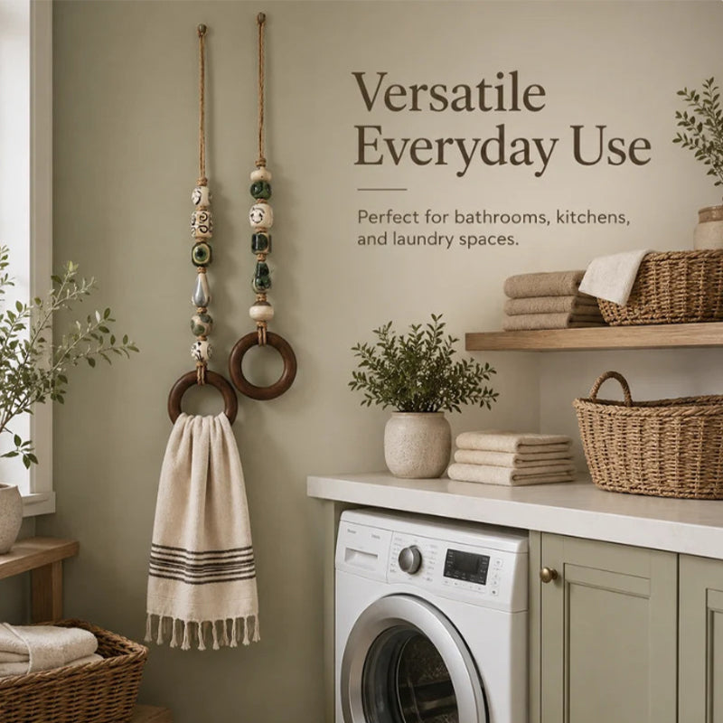 🧺 50 % RABATT NU! 🌿 Dekorativ handdukshängare med pärlor och träring – naturlig bohemisk charm ✨