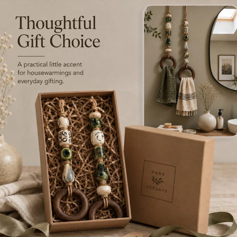 🧺 50 % RABATT NU! 🌿 Dekorativ handdukshängare med pärlor och träring – naturlig bohemisk charm ✨