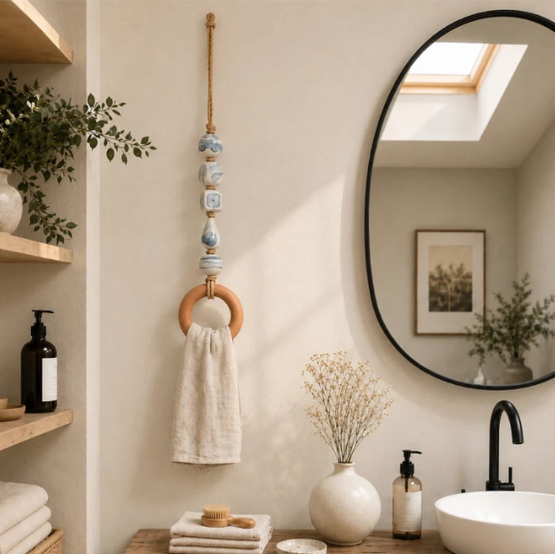 🧺 50 % RABATT NU! 🌿 Dekorativ handdukshängare med pärlor och träring – naturlig bohemisk charm ✨