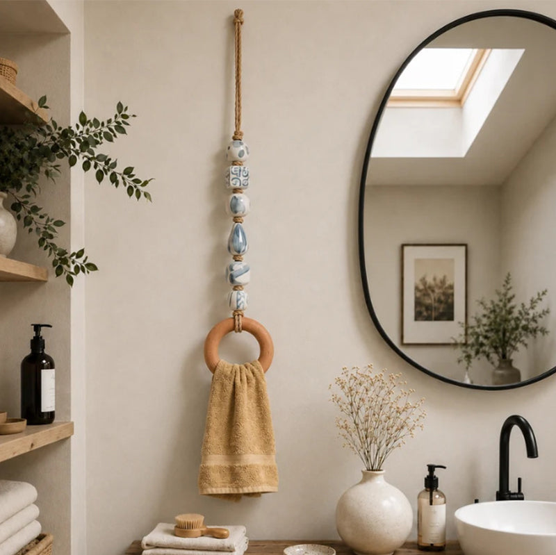 🧺 50 % RABATT NU! 🌿 Dekorativ handdukshängare med pärlor och träring – naturlig bohemisk charm ✨